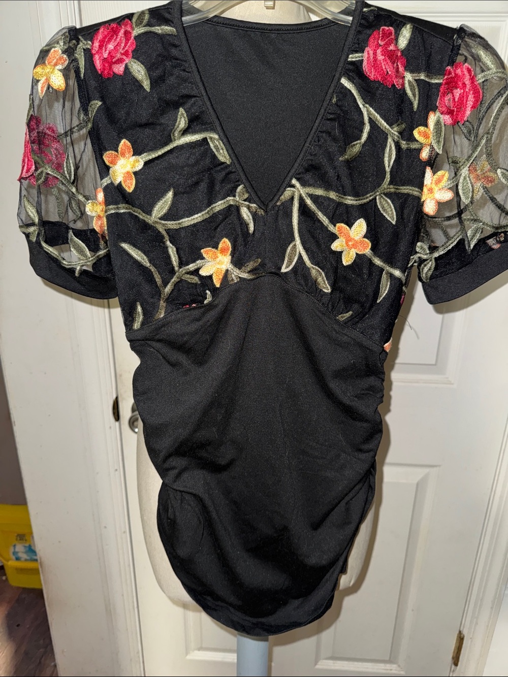 Black Floral Embroidered V-Neck Women’s Top